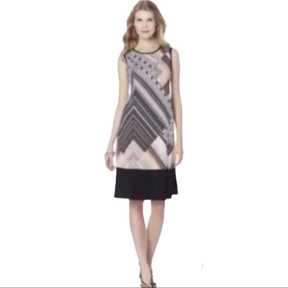 Tiana B. Vintage Black Printed Trapeze Midi Dress with Solid Trim SZ S NWOT